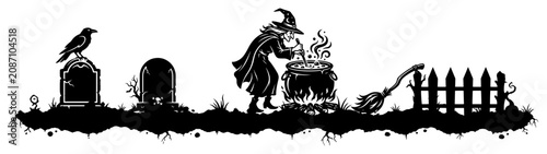 Schilderij op canvas Witch stirring cauldron with crow on gravestone and broom in stencil style