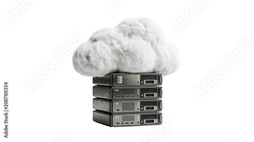 A stack of computer servers with a cloud on top for data storage isolated on a transparent background