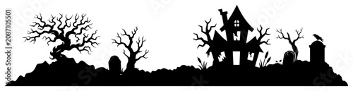 Foto Dilapidated haunted house with gnarled trees and cemetery in black and white sil
