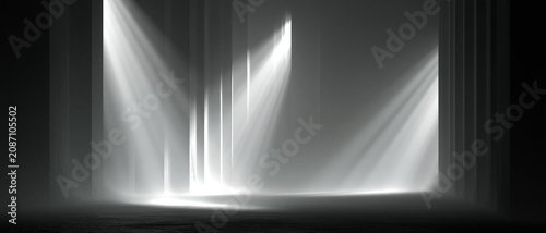 Towering vertical columns of pure volumetric light descending through an almost invisible atmospheric mist inside a vast undefined dark space