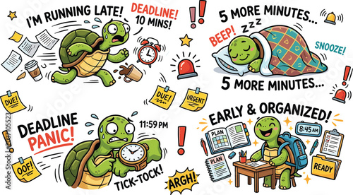 Cute turtle cartoon sticker set illustrating time management skills deadline panic running late sleeping and organized student student planner