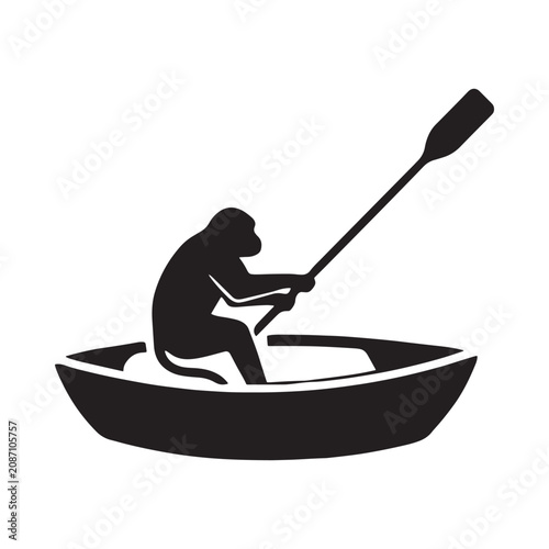 Canvas Print Monkey Rowing Boat Silhouette On White Background