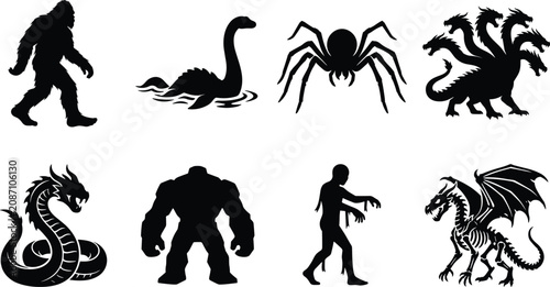 Photos Fantasy creature silhouette collection featuring Bigfoot, Loch Ness monster, hyd