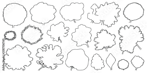 Fotografía Hand drawn line art tree crowns and forest foliage silhouettes collection sketch vector illustration