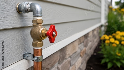 Outdoor Water Shut Off Valve Installed on House Exterior Plumbing System Close Up