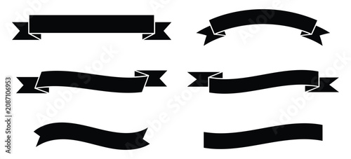 Collection of black ribbon banners and scroll shapes for custom logo, emblem, and graphic design elements