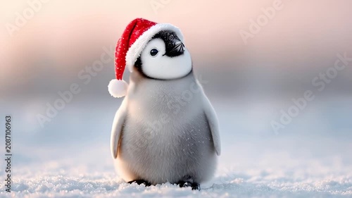 ?Adorable penguin chick in santa hat joyfully dancing in the snow