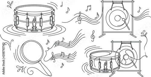 Fotografie Percussion Instrument Vector Set featuring Snare Drum Gong and Pan with Swirling