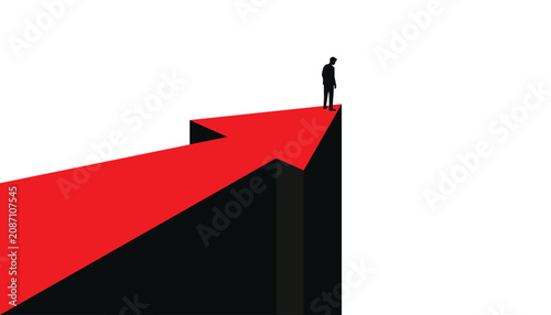 Tableau sur toile Man standing at the edge of a red upward arrow, symbolizing crisis, despair, or
