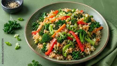 Healthy Vegetable Brown Rice Stir Fry with Broccoli Kale and Bell Peppers in Bowl