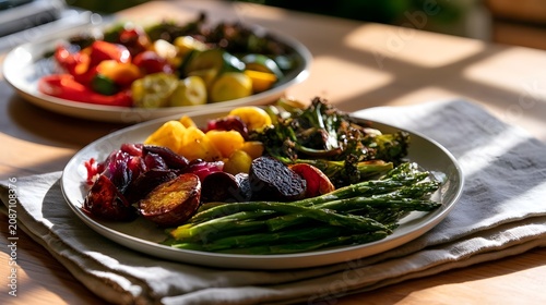 Two plates of roasted vegetables including asparagus  beets  and broccoli on a linen napkin under warm sunlight