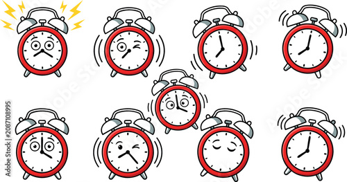 Obraz na plátně Retro cartoon alarm clock illustrations collection with funny emoji faces ringin