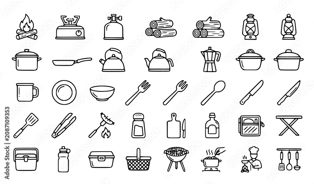 Naklejka premium Outdoor Camping Kitchen Outline Icons Vector Collection