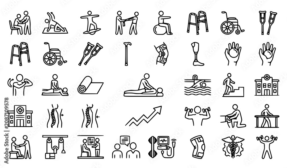 Naklejka premium Physical Therapy and Rehabilitation Line Icon Set Vector