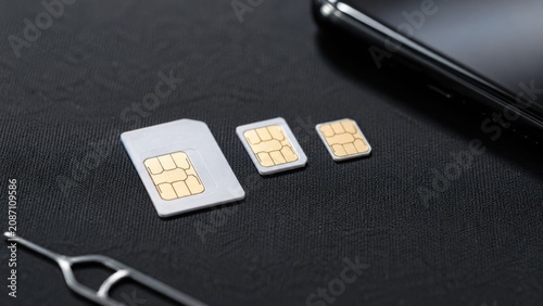 Collection of Standard Micro and Nano SIM Cards with Smartphone and Eject Tool on Black Background