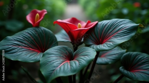 Beautiful red calla lily flowers with green leaves in a dark garden isolated on white background