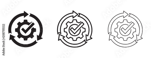 Gear checkmark icons with circular arrows in black line and outline styles for business process workflow management and maintenance concept  workflow optimization and cyclical process improvement