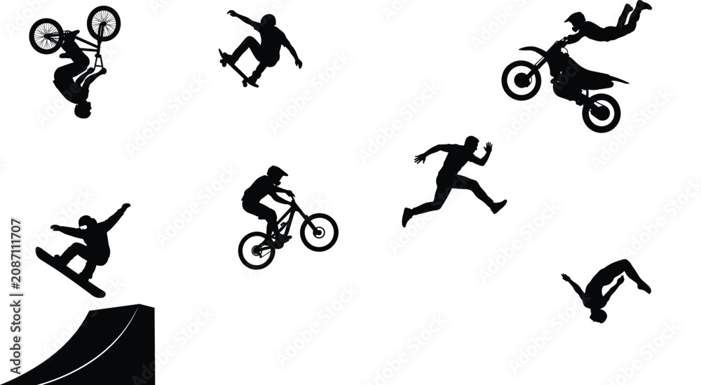 Obraz premium Extreme sports and action stunts silhouettes set including bmx skateboarding motocross and parkour isolated on white background