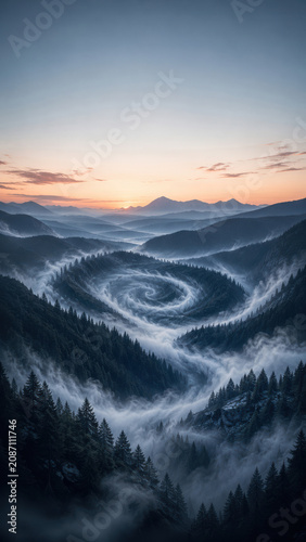 Surreal spiral cloud formation over mountain forest at sunset