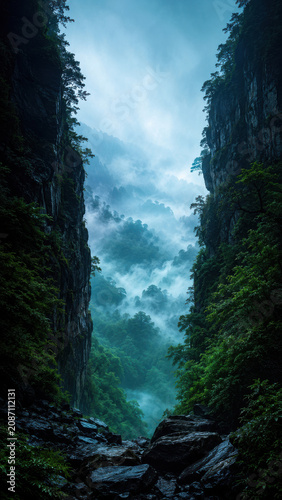 Deep misty canyon with lush green forest and steep rocky cliffs