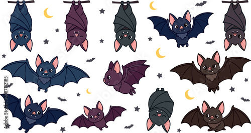 Halloween bat illustrations collection with cute flying and sleeping characters in dark blue purple and brown colors for kids party decor