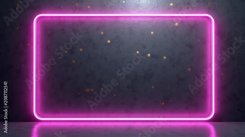 Bright pink neon glowing rectangular frame on a dark textured wall isolated on white background