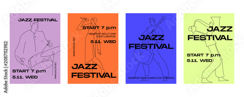 Photography Modern minimalist jazz festival poster collection featuring line art musician illustrations, bold typography, and clean editorial layouts