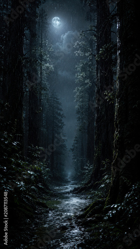 wallpaper Moonlit forest path during heavy rain under glowing night sky