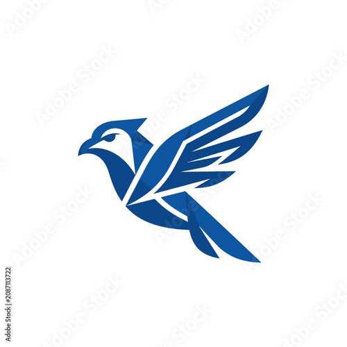 Blue geometric flying bird silhouette logo.
