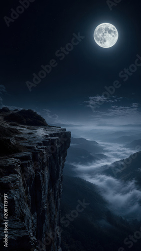 wallpaper Full moon rising above rugged mountain cliff overlooking sea of clouds at night