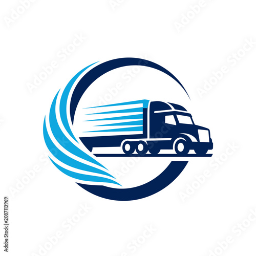 Blue semi-truck logo with circular motion swoosh.