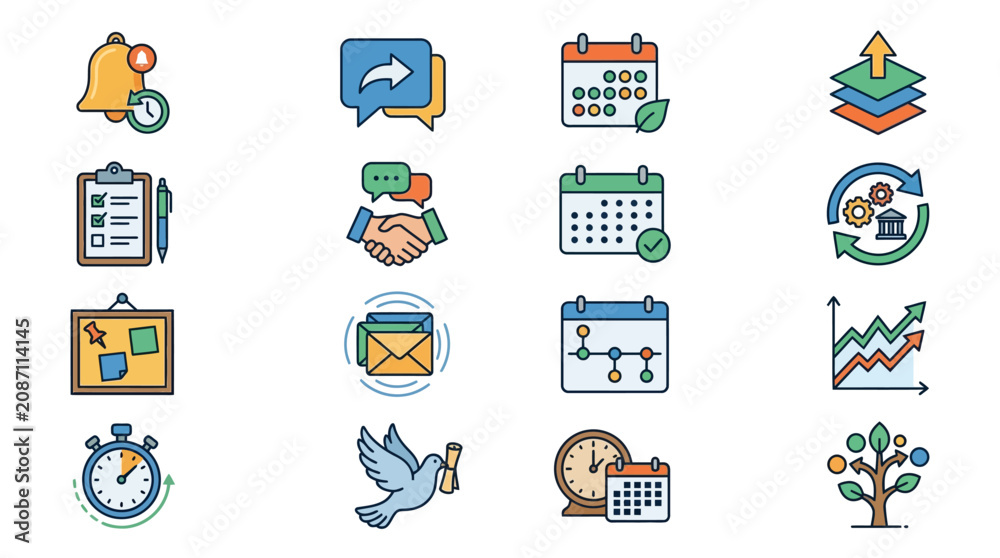 Fototapeta premium Elegant Colorful Icons Set Featuring Business Communication Growth and Time Management Concepts with Flat Design