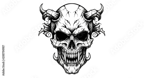 Foto Detailed black and white horned demon skull illustration with sharp fangs