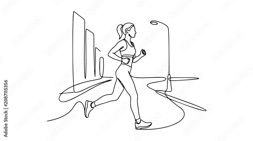 Obraz premium Continuous one line drawing of a woman running in the city. Minimalist line art illustration of female jogger training outdoors