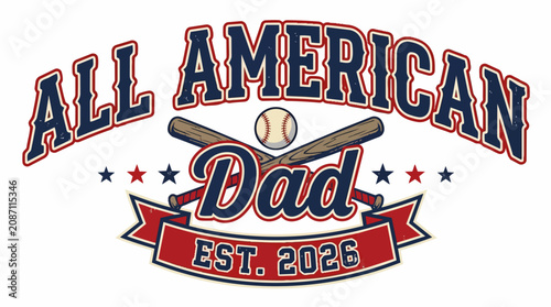 All American Dad vintage typography emblem. Baseball bats and ribbon vector illustration