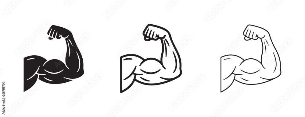 Obraz premium Muscular arm flexed bicep illustrations in black and white on plain background various fitness and strength symbols