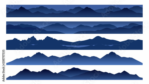 Foto Blue mountain range silhouettes arranged in four horizontal bands against a whit