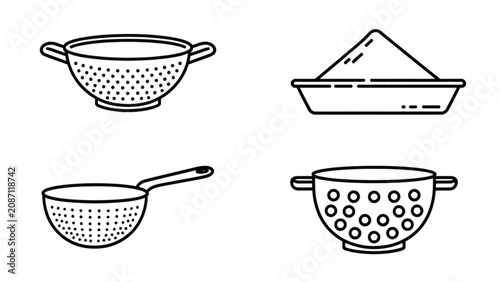 Four simple kitchen strainers and bowls flat illustration