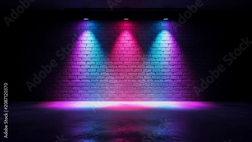 Photos Brick wall illuminated by three spotlights casting blue, magenta, and cyan light