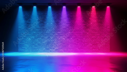 Brick wall background, illuminated by seven, spotlights in a, gradient of blue, purple, and pink, neon light, casting, beams on a, concrete floor