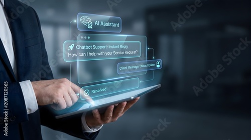 Businessman uses tablet with AI chatbot conversation interface