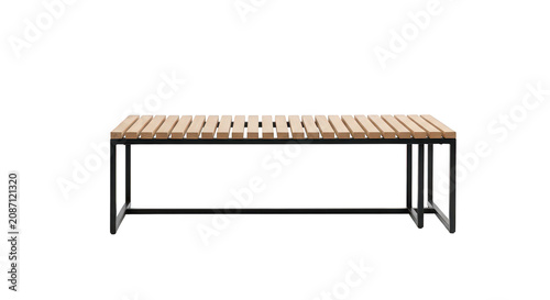 Simple wooden slatted bench with black metal frame.