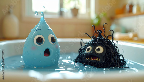 Surprised blue water drop character in bathtub with dark tangled creature, cute stop motion style scene