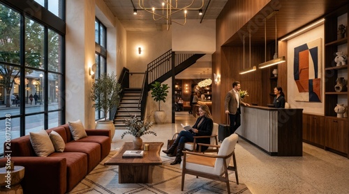 A modern, stylish lobby with a wooden reception desk, a large sofa, and a coffee table in a well-lit, spacious room with large windows and a staircase.