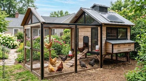 A chicken coop with chickens inside, surrounded by a garden with flowers and a house in the background.