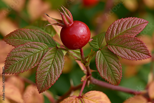 Red fruit grows on a green plant in a garden