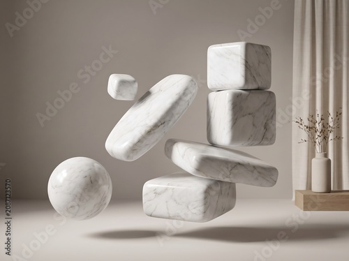 Floating marble blocks and sphere a 3d rendering with soft shadows and neutral tones abstract arrangement architectural element