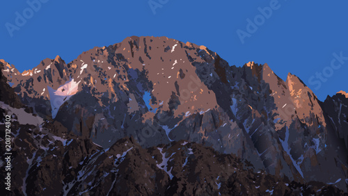 Slika na platnu Dramatic mountain range illustration with alpenglow lighting and a clear blue sk
