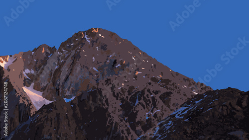 Εκτύπωση καμβά Dramatic mountain peak illustration with snow patches against a clear blue sky b