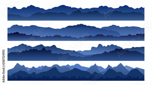 Bild auf Leinwand Blue mountain range silhouettes arranged in four horizontal bands against a whit